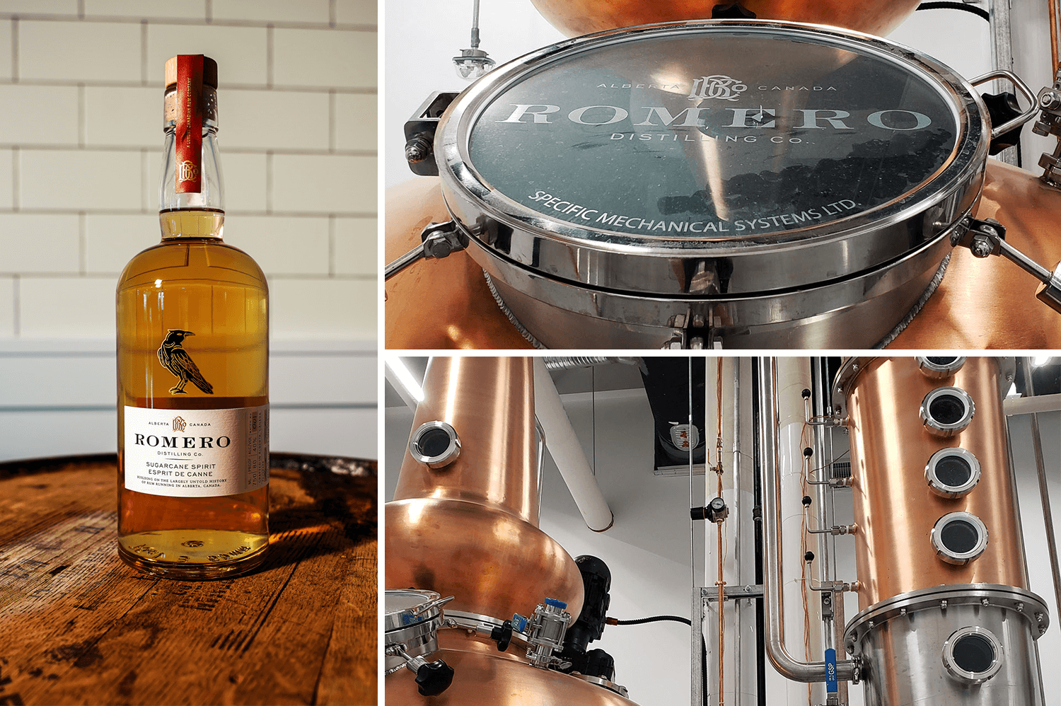 A collage of photos featuring Romero's distillery equipment and a bottle of sugarcane spirit.